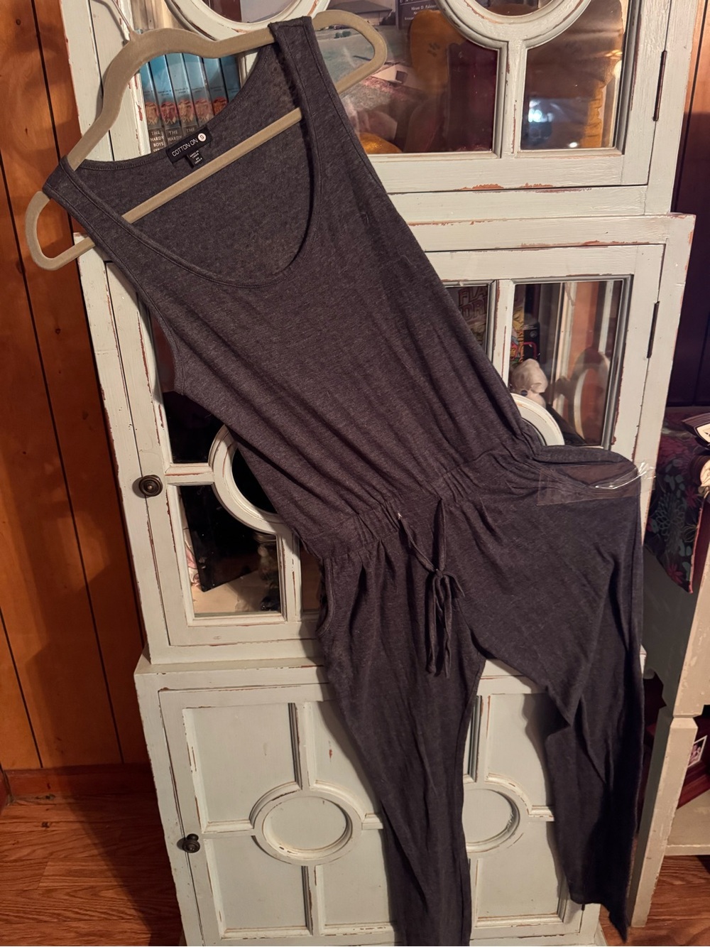 Women's Charcoal Gray Sleeveless Jumpsuit with Drawstring Waist B7 Size Small